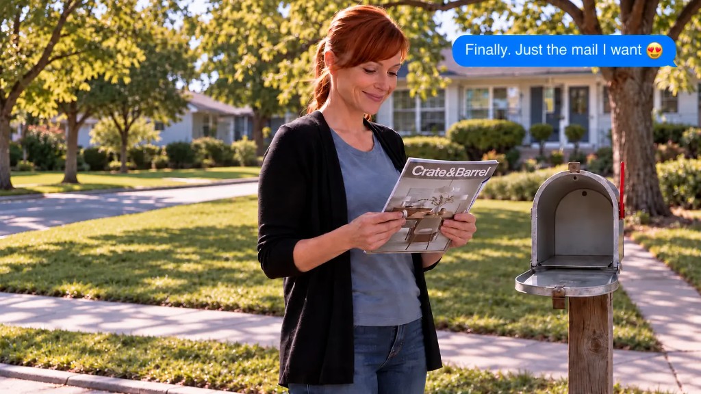 Illustrative woman smiling at a catalog beside her open mailbox, with a message bubble that reads: Finally. Just the mail I want
