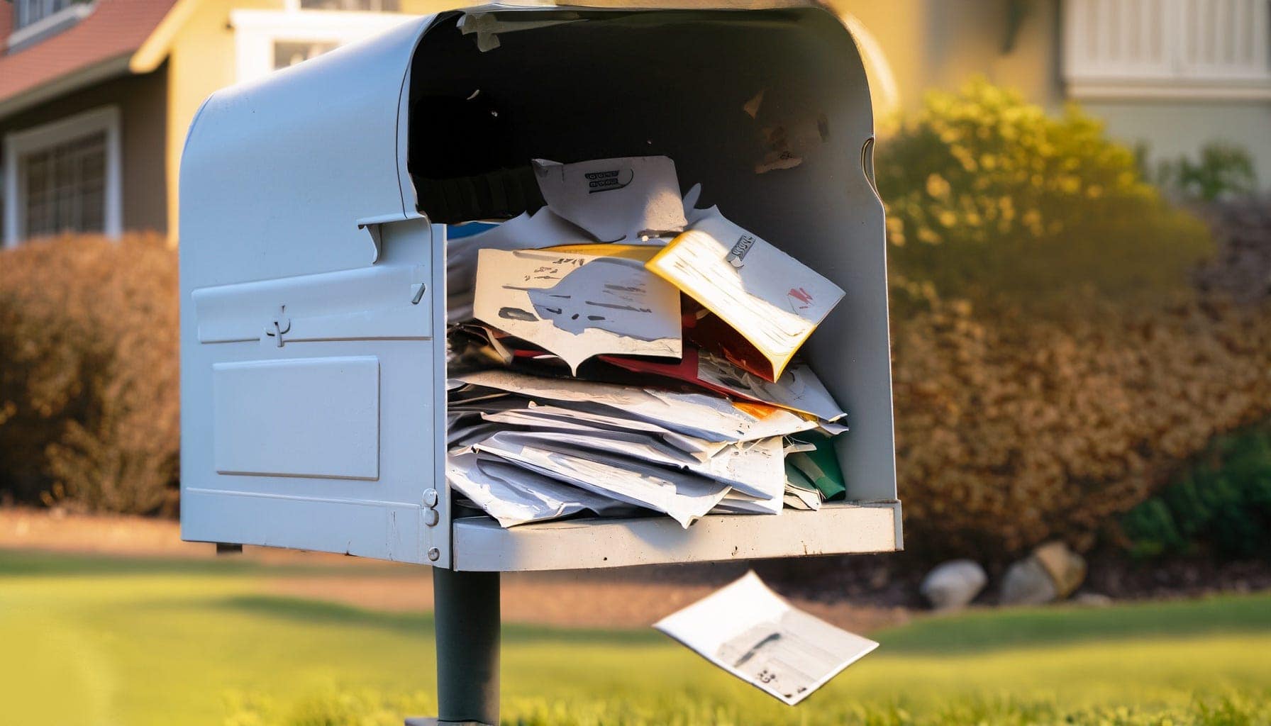 PaperKarma - "Mailbox in front of a house, overflowing with junk mail falling out” generated by A.I.