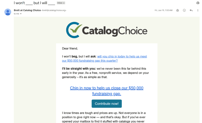 Catalog Choice quarterly donation request gets blasted out to their account base.